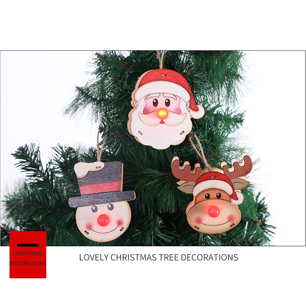 3PCS Christmas Wooden Pendant with LED Light Santa Elk Snowman Pattern Luminous Pendant Christmas Tree Decoration