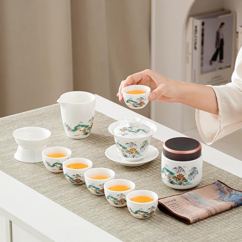 Tea set Festive white porcelain rime pavilion Dehua suet jade set Outdoor travel tea set