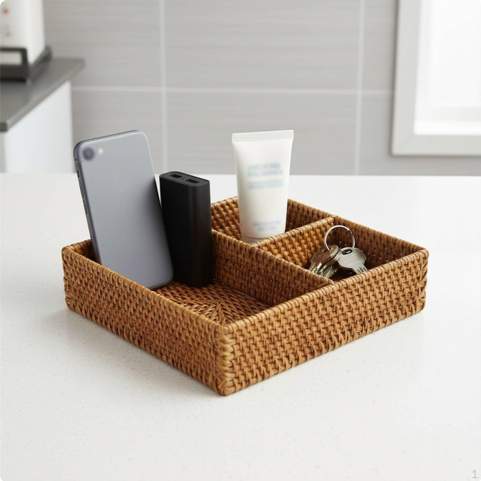 Woven Rattan Storage Basket MultiCompartment Desktop Organizer Multifunctional Divided Rectangular 3-grid