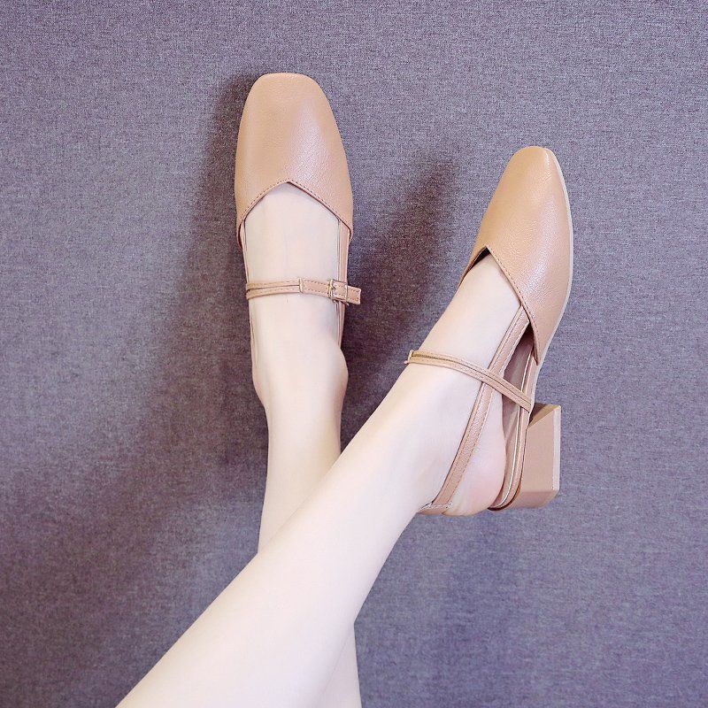 2025 summer new bag head sandals fairy fairy wind middle heel versatile square head thick heel lady gentle square head single shoes