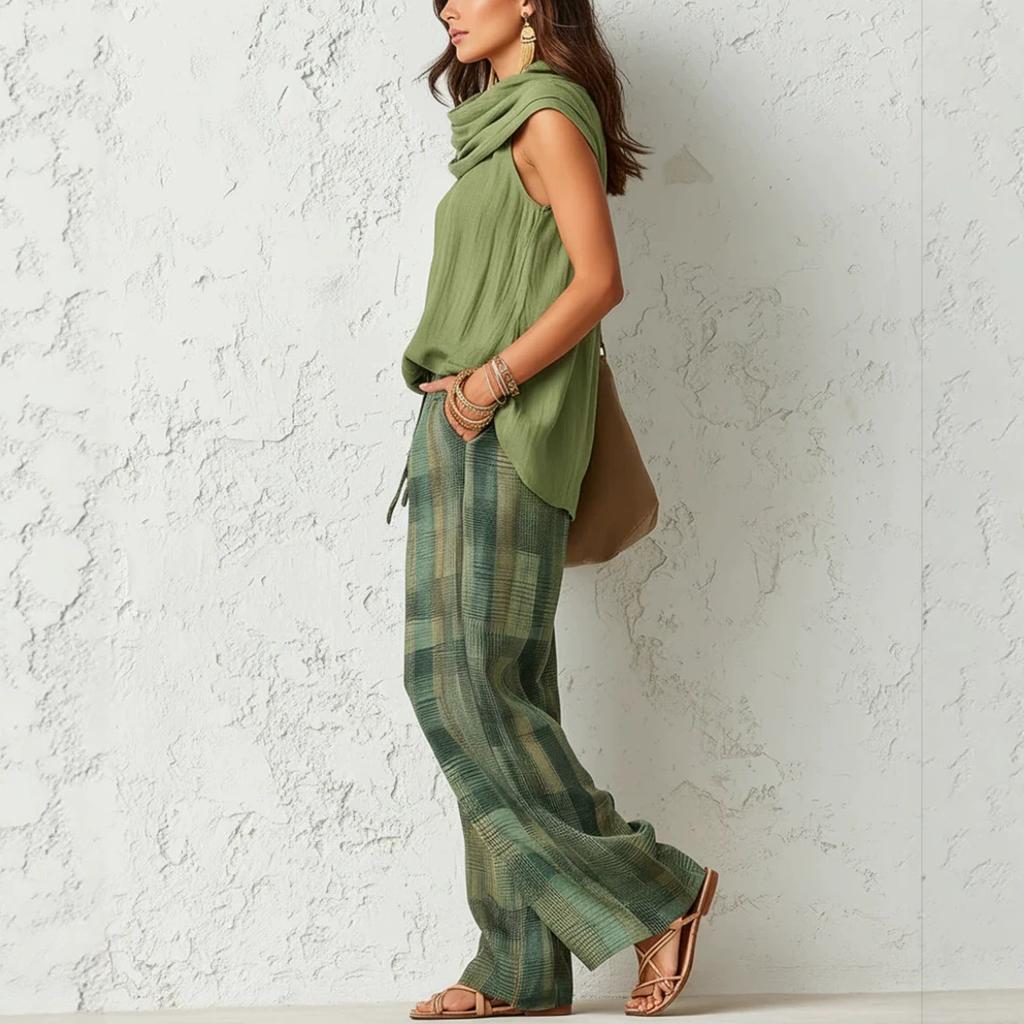Damen ärmelloses Oberteil mit Drapierung und karierte Weitbein-Hose Set Lässiges lockeres Zweiteiler-Outfit