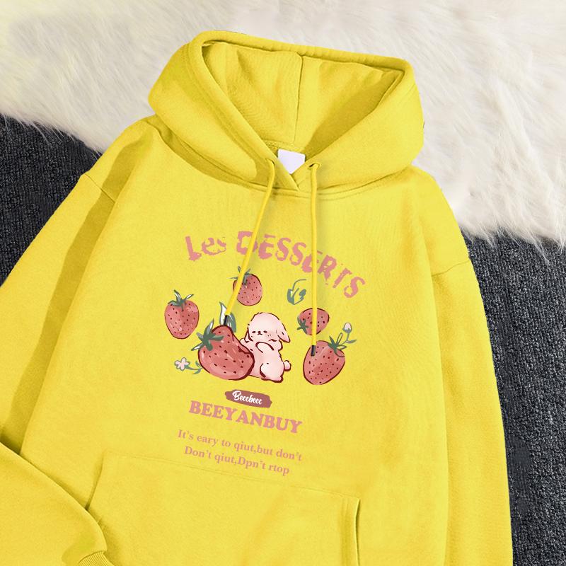 Cute Strawberry And Rabbit Printed Sweatshirt Pocket Soft Warm Breathable Pullover Autumn Winter Hoody