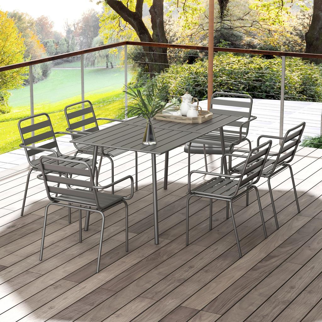 Garden Furniture Set 7-Piece Garden Dining Set with 1 Table and 6 Stackable Chairs in Steel Dark Gray