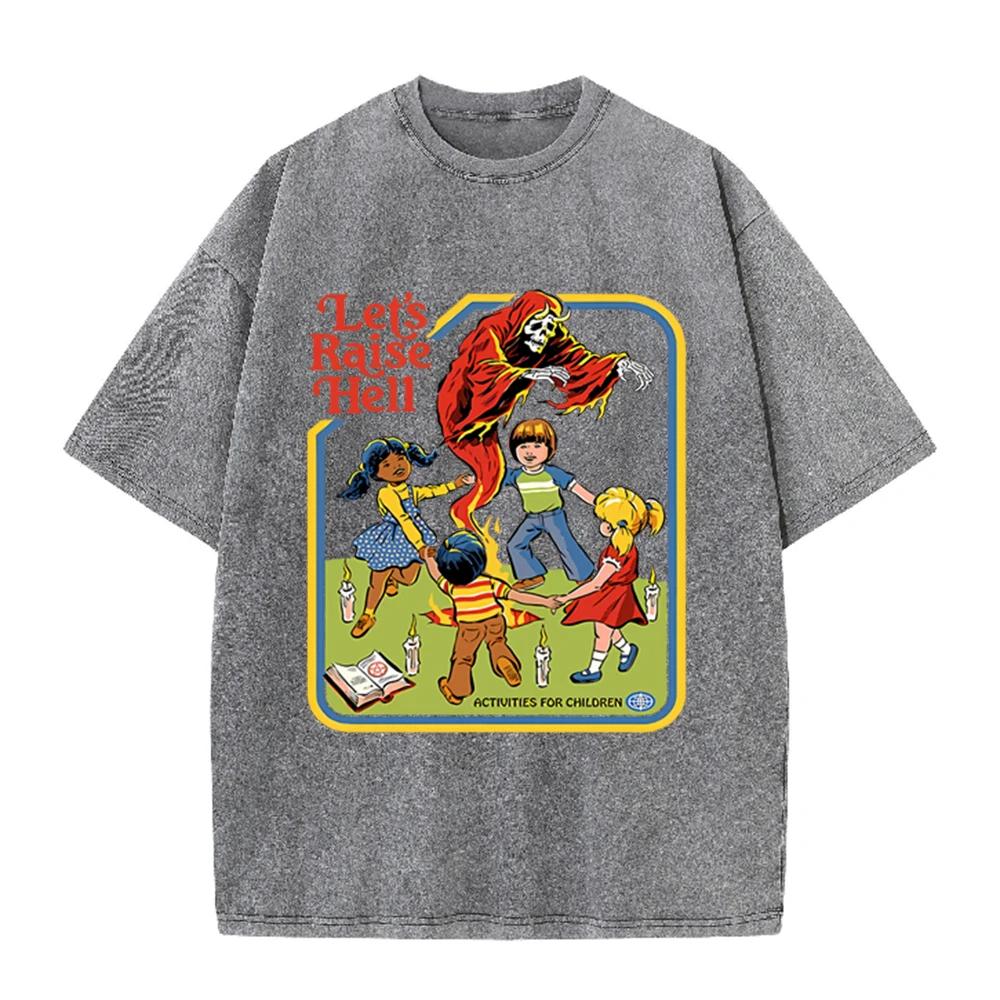 2026 Vintage Retro Grim Reaper Kids Graphic Beige Acid Washed T Shirt Dark Humor Lets Raise Hell Slogan Cartoon Aesthetic Overs