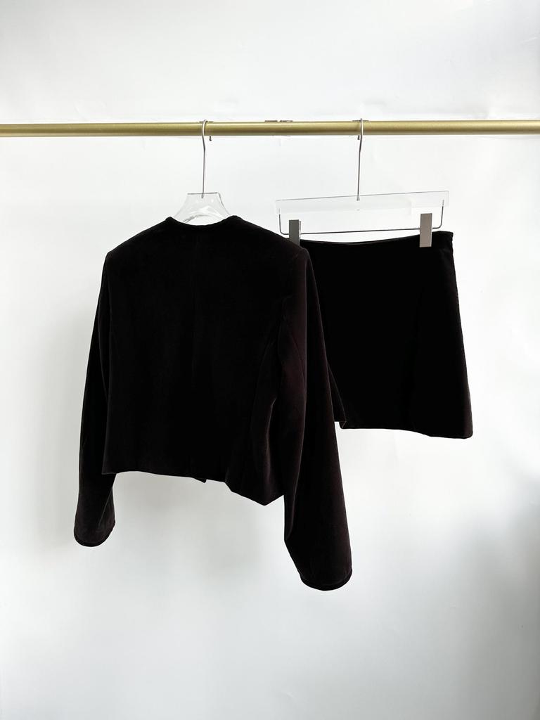 Elegant Dark Brown Single-Breasted Jacket & Skirt Set