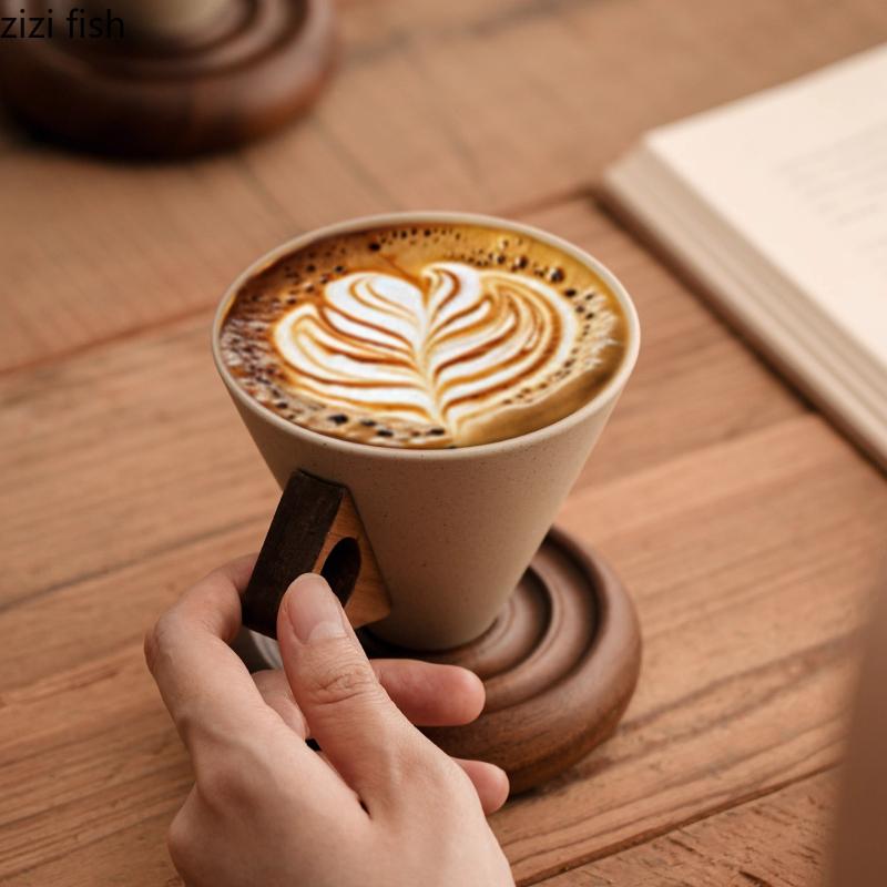 Coarse Pottery Coffee Cup Wooden Pallet Sharp Bottomed Water Cups Breakfast Cups Coffee Mug Afternoon Tea Cup Milk Mug