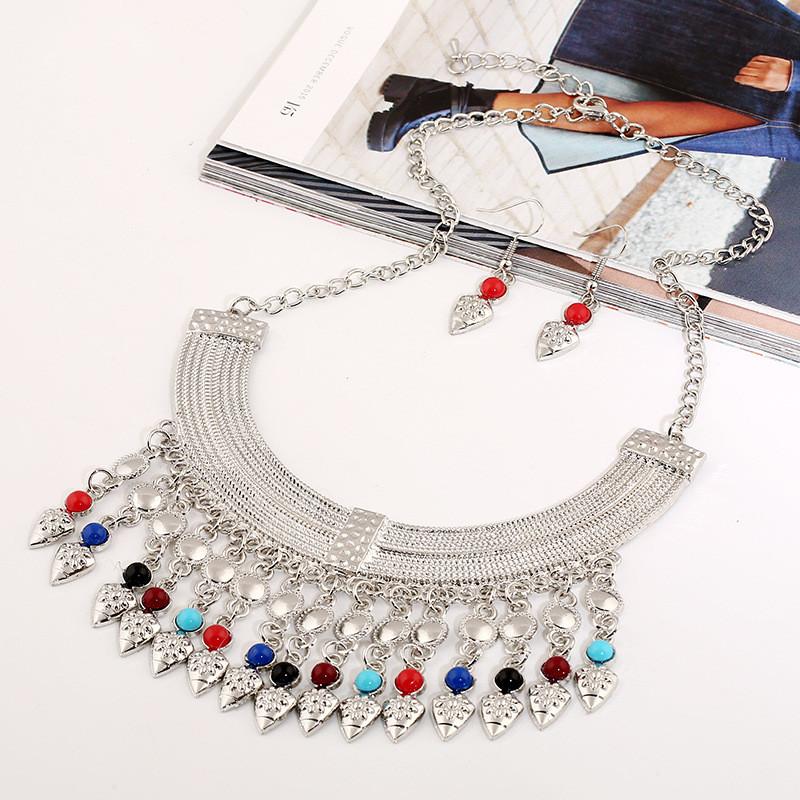 Necklace Fashion Tassel Eardrop Set With Layered Chain And Gemstone Details