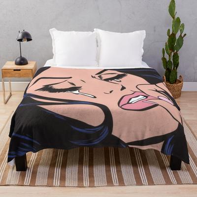 Black Hair Crying Comic Girl Throw Blanket