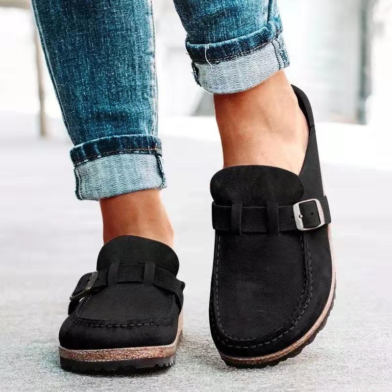 Tofflor Dam Rund Tå Spänne Retro Skor Slip on Mules Damer Komfort Flats Kvinnliga Casual Sommar Flatskor