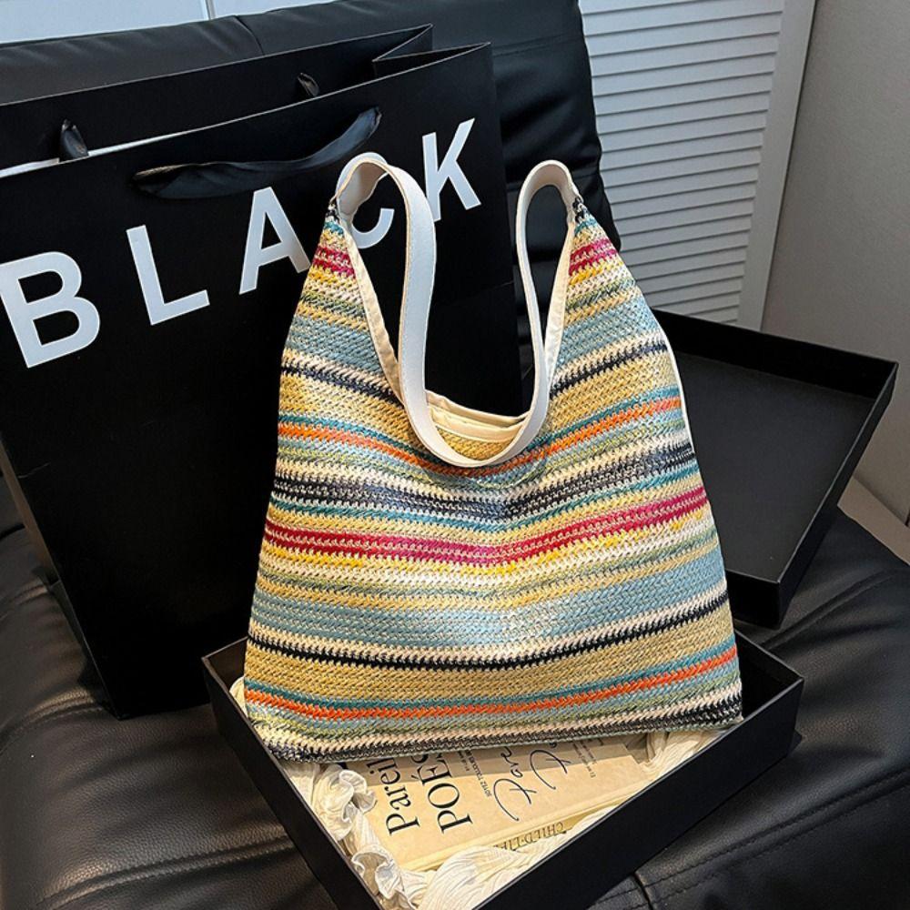 Bohemian Style Rainbow Beach Bag Large Capacity Hollow Tote Bag Fashion Weave Straw Bag  Travel