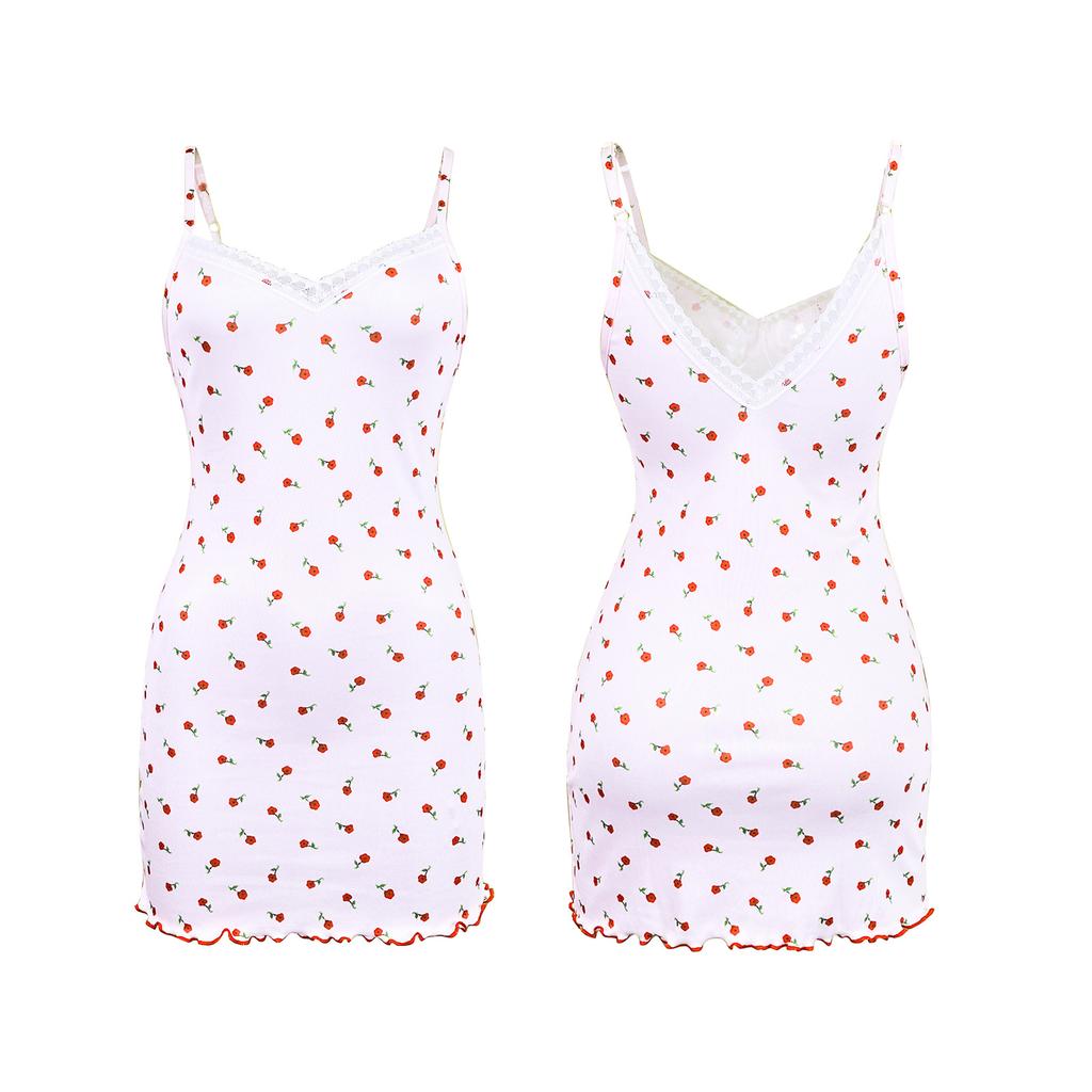 Summer Thin Ins Wind Pit Strip Digital Printing Skin-friendly Suspender Nightdress Short Women's Home Pajamas 1111