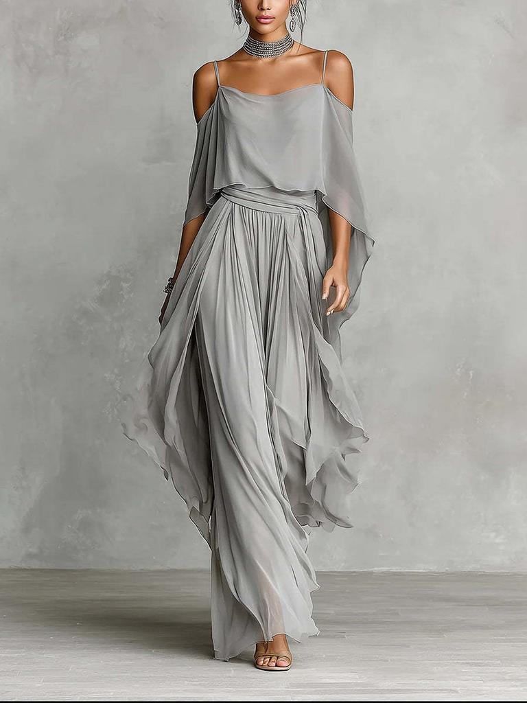 DM092 Amazon Unabhängige Station 20206 Neues Träger-Off-Shoulder Elegantes Blusenoberteil mit Chiffon Asymmetrisch Lang