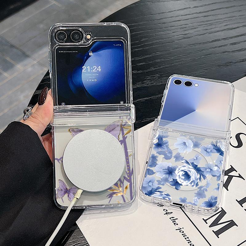 For Samsung Z Flip 7 6 5 4 Case Magnetic For Magsafe Blue and White Flowers Hinged Hard PC Folding Cover For Galaxy Z Flip7 Flip6 Flip5