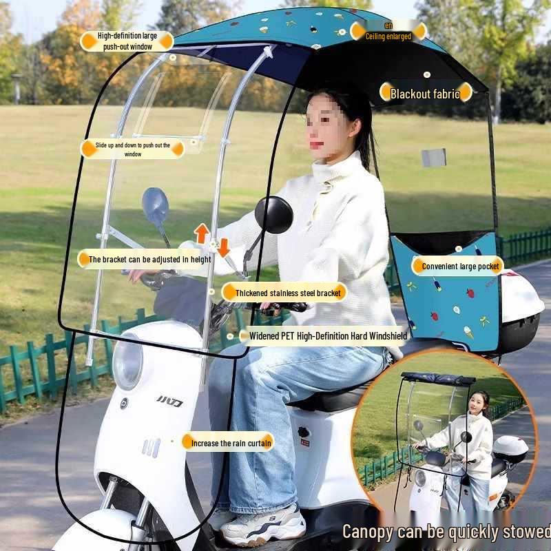 Electric Vehicle Detachable Folding Awning: Retractable Sunshade, Windproof & Rainproof for Pedal Motorcycles.