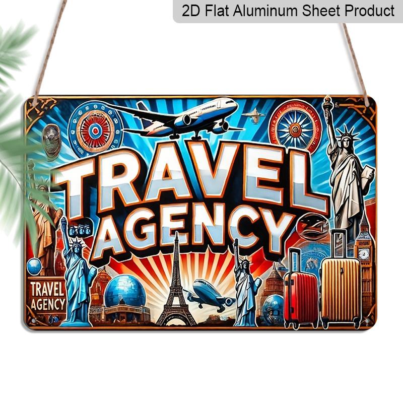 

2D Flat Vintage Travel Agency Aluminum Metal Wall Art Sign - 7.87x11.81 Inch Retro Style with World Landmarks & Airplane Design, Durable Decor for 20*30cm
