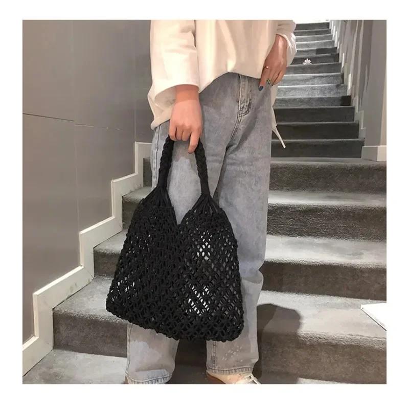 New Wind Cotton Handmade Woven Beach Bag One Shoulder Portable Leisure Hollowed Out Tourism and Vacation Fishing Net Bag