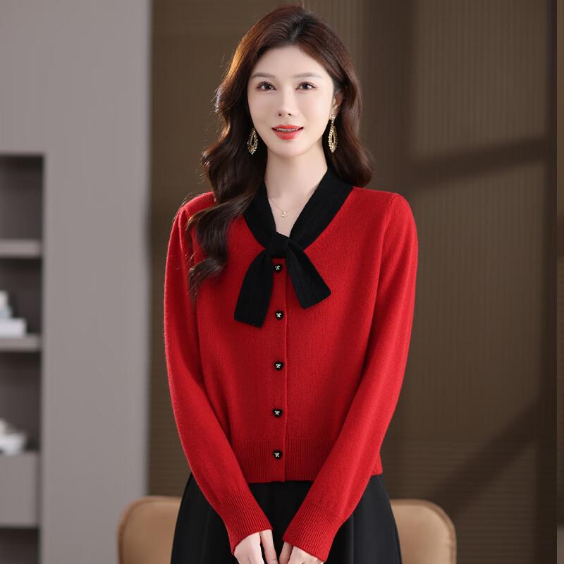 Caiyang Women's 100% Wool Bow Collar Knit Cardigan