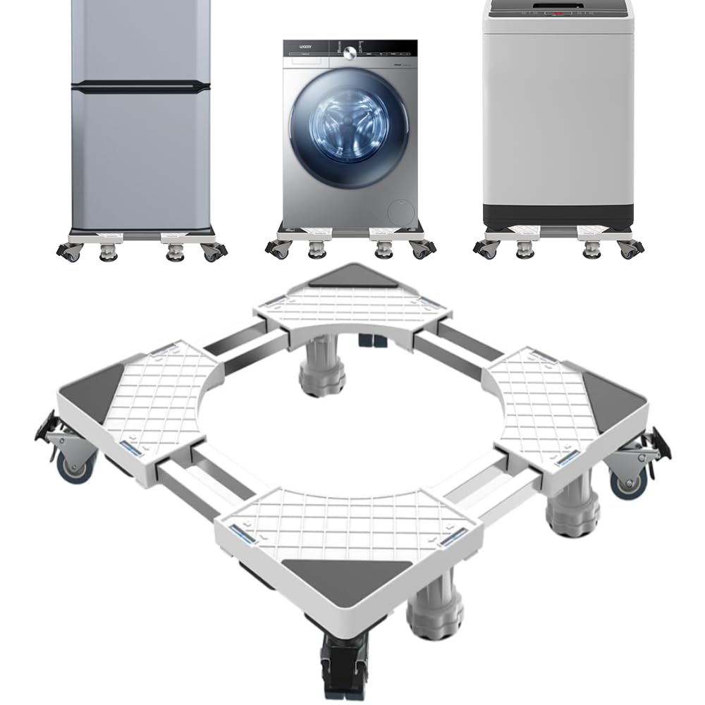 DEWEL Washing Machine No Screws Refrigerator Stand with Adjustable Washing Machine Pan Weight Telescopic Drain Pan with Compatible with Fully