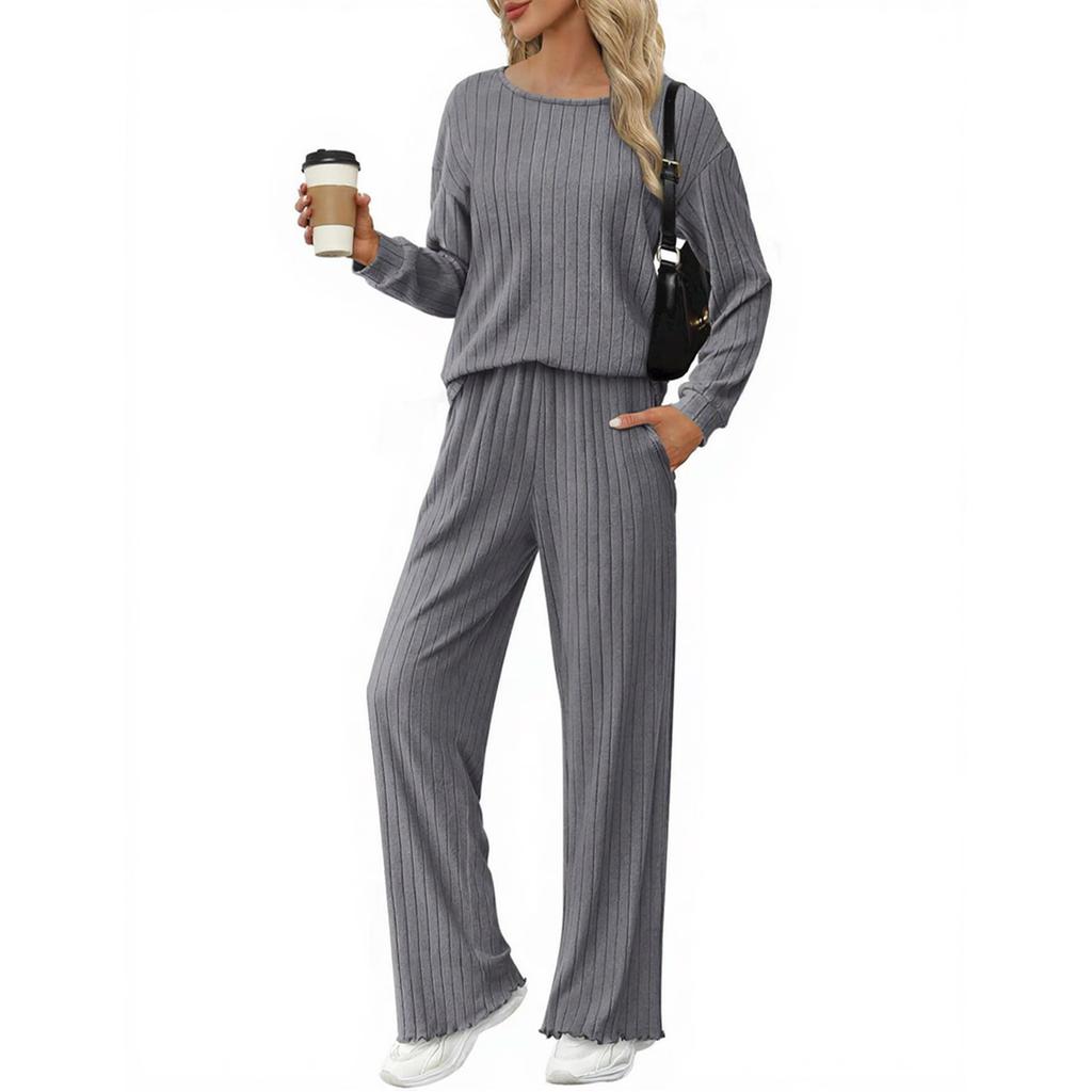 Women's Ribbed Long-sleeved Round-neck Loose And Casual Two-piece Set