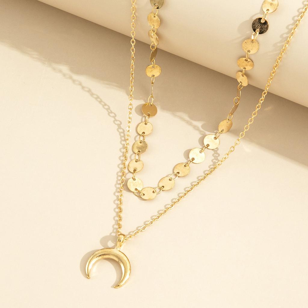 New double-layer disc crescent moon necklace moon pendant temperament fashionable and simple neck chain one pack