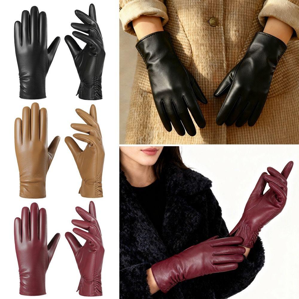 Fleece Lined Five Finger Gloves PU Leather Winter Warm Gloves Women's Gloves  Outdoor Cycling