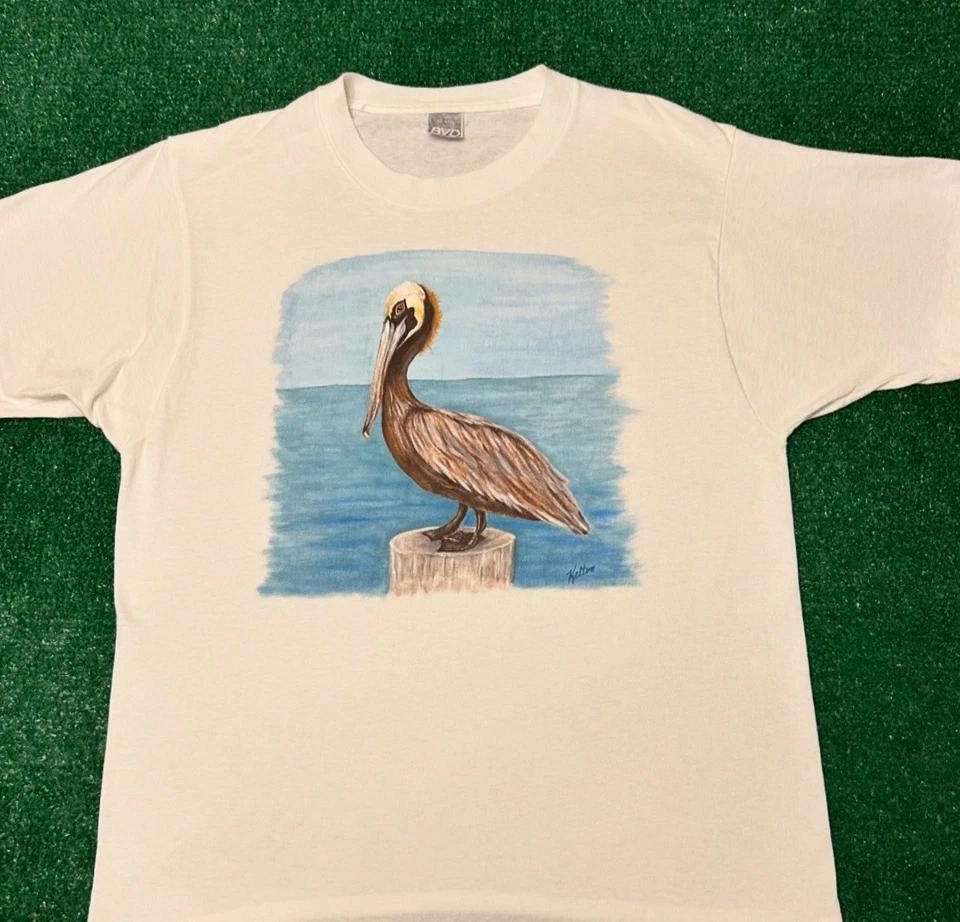 

Vintage 80s 90s Pelican Bird Nature Art Tee VTG Shirt Size Large USA M