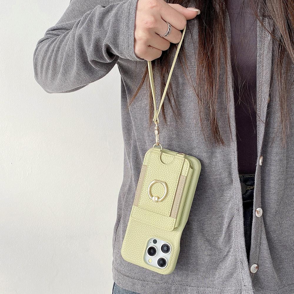 For iPhone 15 Pro Max Case Card Slots Kickstand PU Leather Back Cover with Ring Holder,Wrist Strap