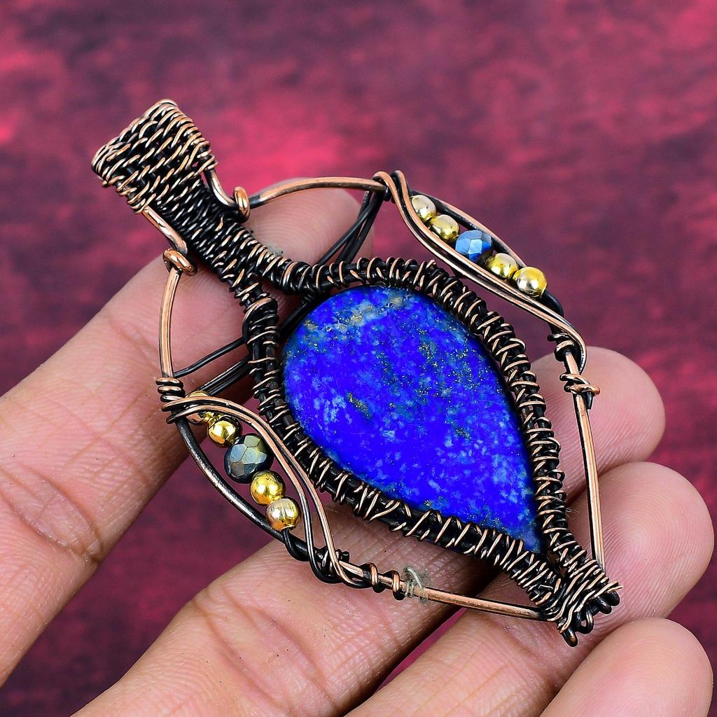 Lapis Lazuli Pendant Handmade Real Gemstone Jewelry Copper Wire Wrapped Pendant