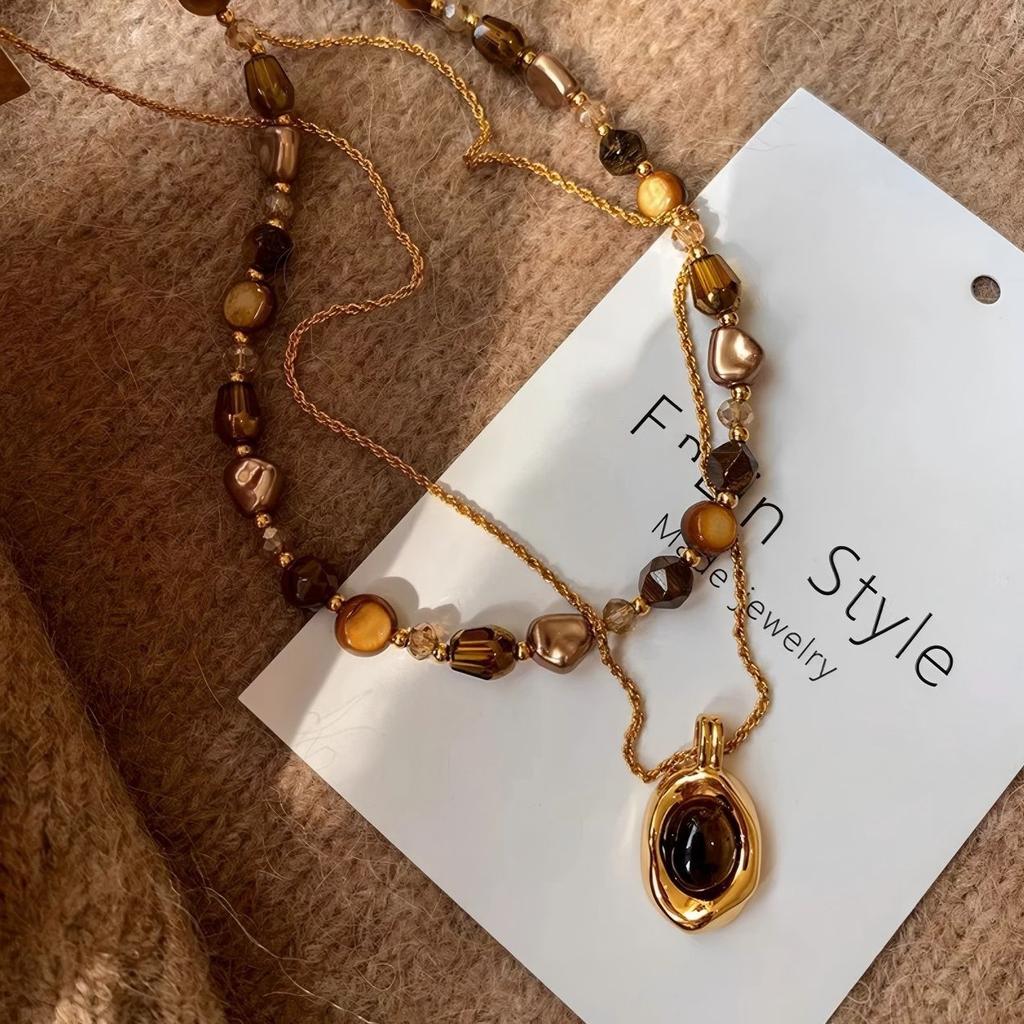 Maillard Wears Natural Tiger'S Eye Stone Baroque Stacked Necklace Women'S Accessories 2025 Collarbone Neck Chain