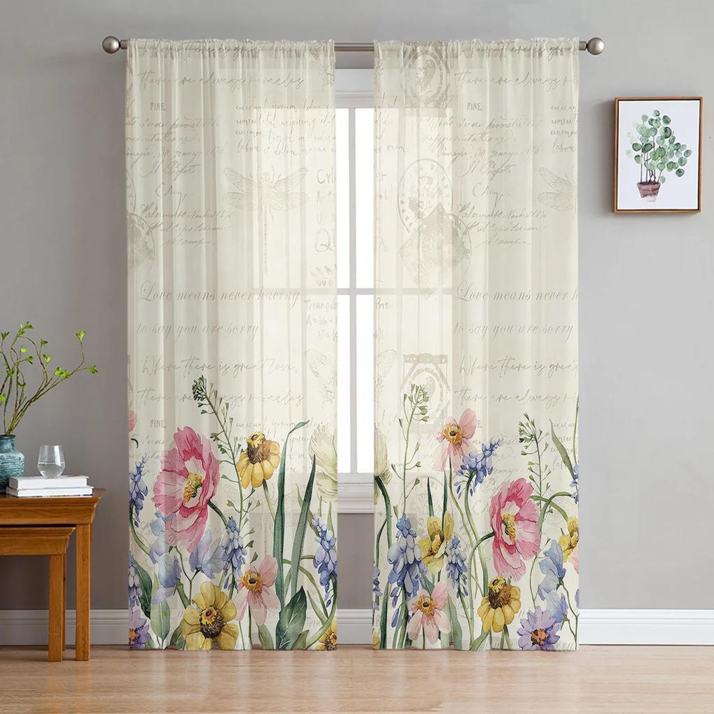 Spring Season Watercolor Flower Leaves Sheer Drapes for Living Room Decoration Window Curtain Kitchen Curtain Panels