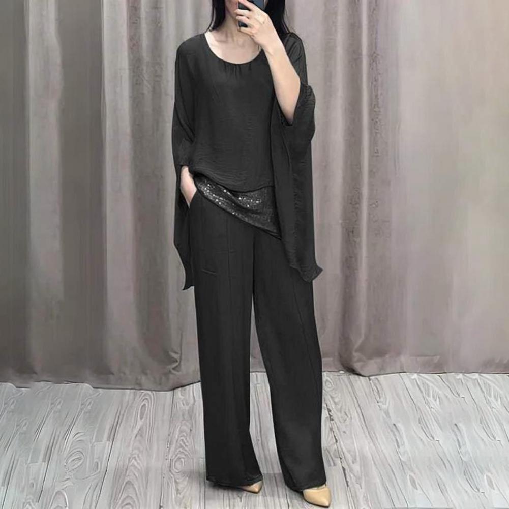 

Women Pant Set Casual Splicing Top Wide Leg Pants Loose O Neck Batwing Sleeve Women s Two Pieces Set for Party 5XL