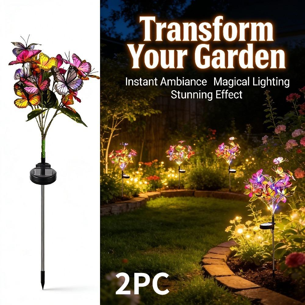 2/1PC Solar Butterfly Flower Floor Lamp, Outdoor Solar Courtyard Lamp, Metal Pole, Very Suitable for Garden, Courtyard and Lawn Decoration