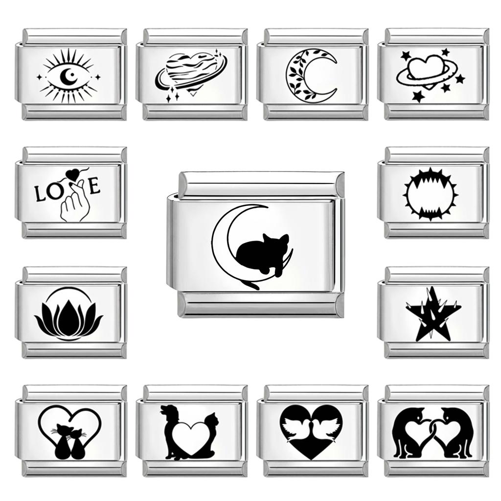 Fashion Laser Engraving Love Series Eye Sun Moon Cat Star Italian Charm Links Fit 9mm Stainless Steel Bracelet DIY Making Gift