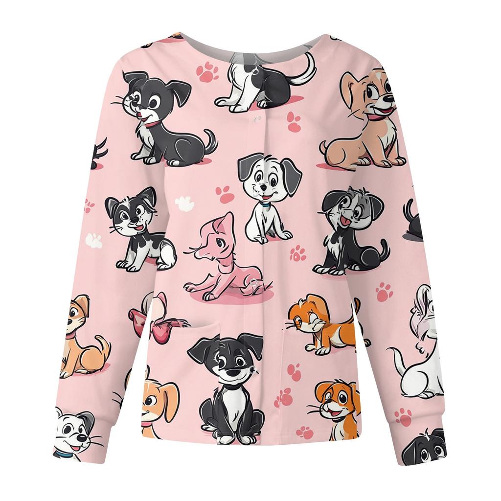 Women's Casual Fashion Long Sleeve Standing Lapel Single Breasted Cute Animal Printed  Workwear Jacket Tops
