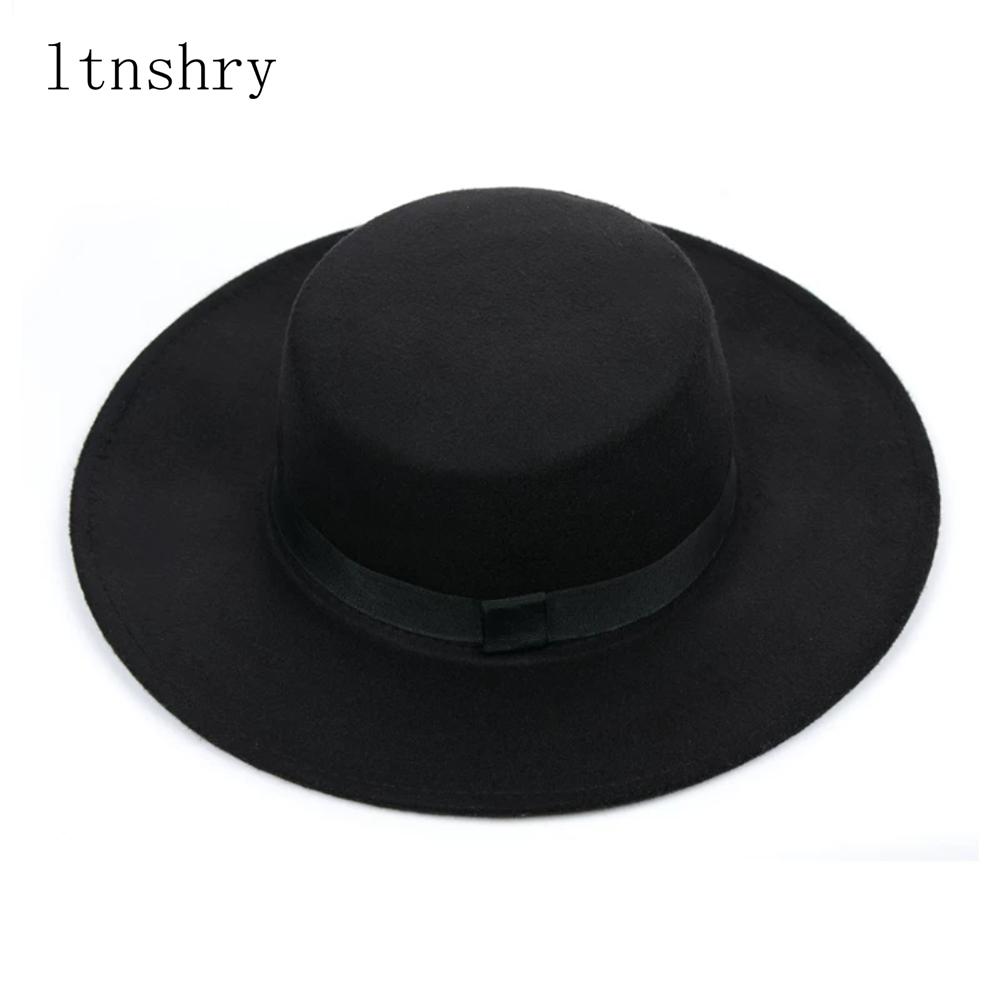 

New Classic Solid Color Felt Fedoras Hat Belt for Men Women Blend Jazz Cap Wide Brim Simple Church Derby Flat Top Hat Mujer 56-58cm