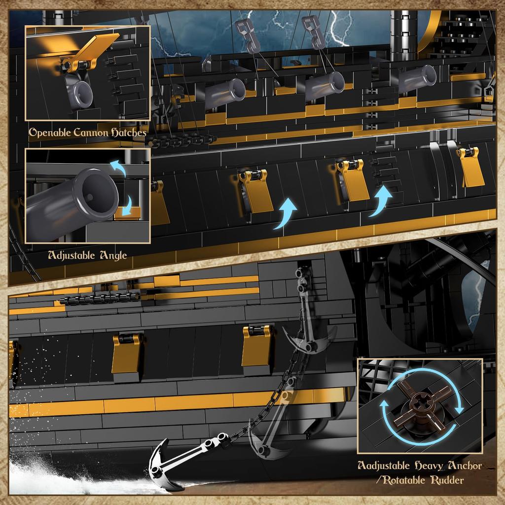 Mould King 13186 Pirate Ship Model Building Blocks, MOC Black Pearl Sailing Ship Model Building Blocks Set, Ship Model Set Assembly Toy, Great Gift