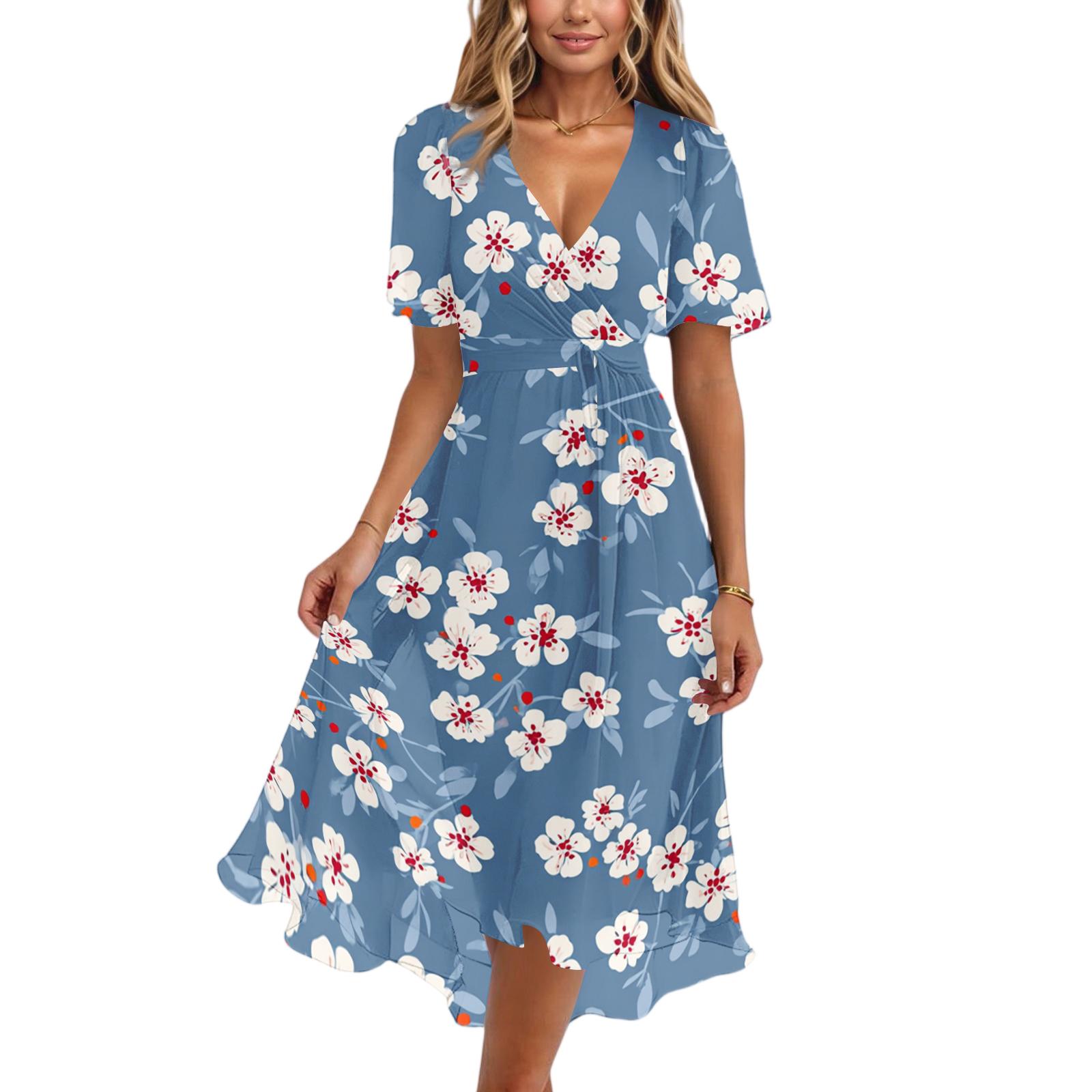Women s fashion casual V-neck short sleeve printed dress XL