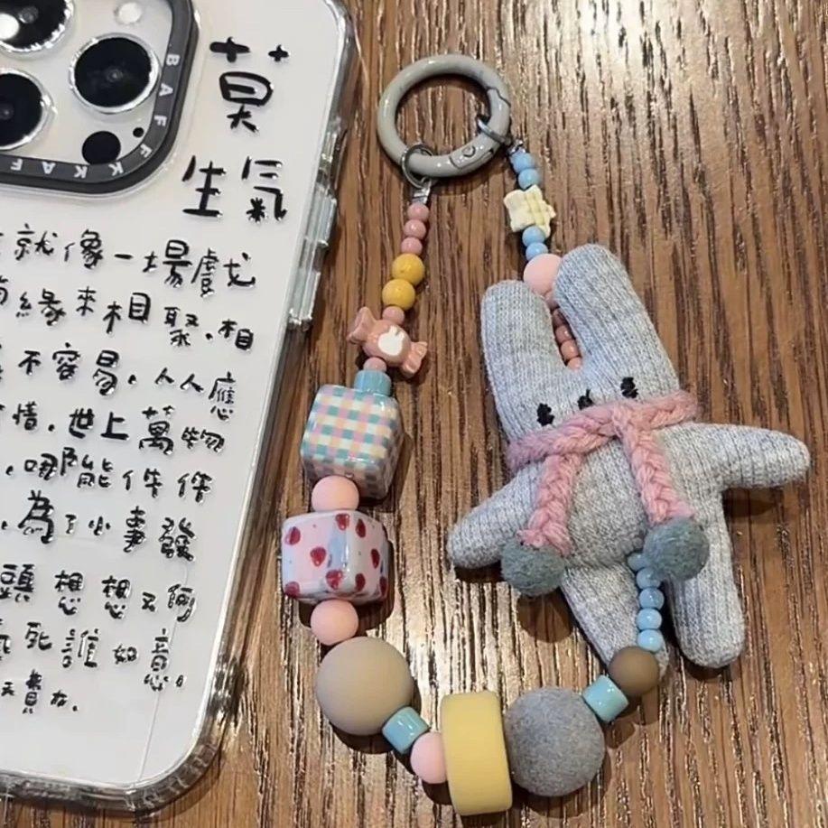 Heavy Craft Yarn Knitted Bunny Phone Case Lanyard Vintage Niche Keychain Bag Pendant Camera Decoration