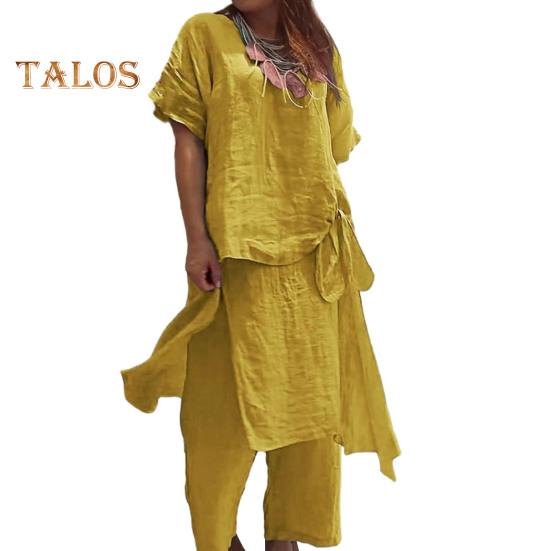 

Женский комплект из хлопка и льна, состоящий из двух предметов: короткий рукав, круглый вырез, завязка по бокам, верх и широкие брюки, повседневный комплект для отдыха XXXL жёлтый