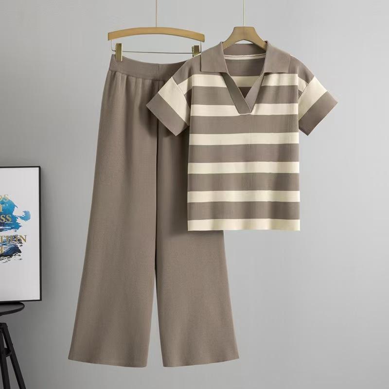 Fashionable and Retro Short-sleeved Lapel Loose Striped Knitted Sweater and Sweater Two-piece Set, High-waisted Wide-leg Pants Set for Women