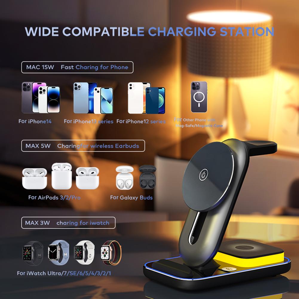 3 in 1 Magnetic Wireless Charger Adjustable 15W Fast Charging Dock Station with Touch Night Light for iPhone Apple Watch Airpods