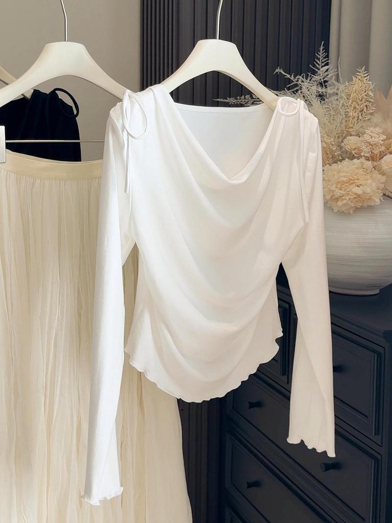 Korean Style Elegant Waist-Cinched Long-Sleeve Flowy Collar T-Shirt for Women - Slim-Fit Spring New Arrival