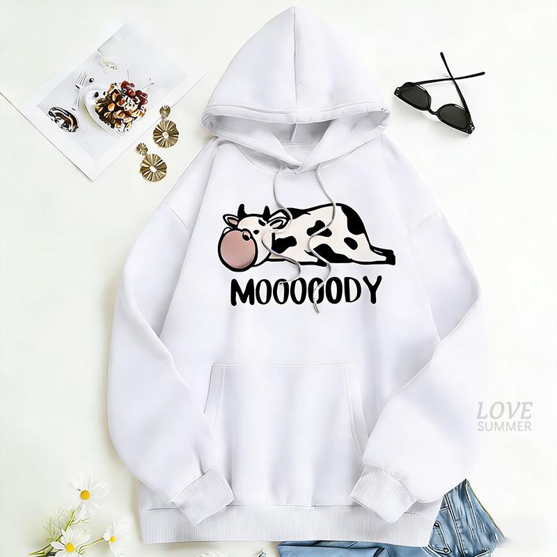 Cow Letter Print Drawstring Hoodie S-3XL spring hoodie Casual Long Sleeve Pocket Hoodie Sweatshirt Women's Clothing