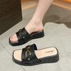 Summer High-heeled Cool Slippers for Women Fashionable Thick Soled Flat Drag Home Anti Slip Simple Gold Buckle