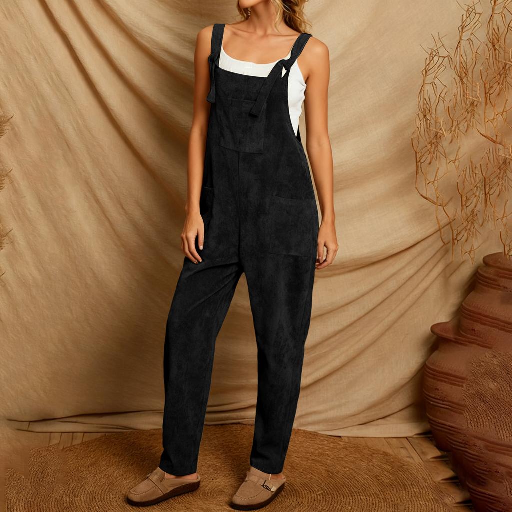 Women's Solid Color Corduroy Wide Leg Overalls Sleeveless Vest Pocket Casual Jumpsuit