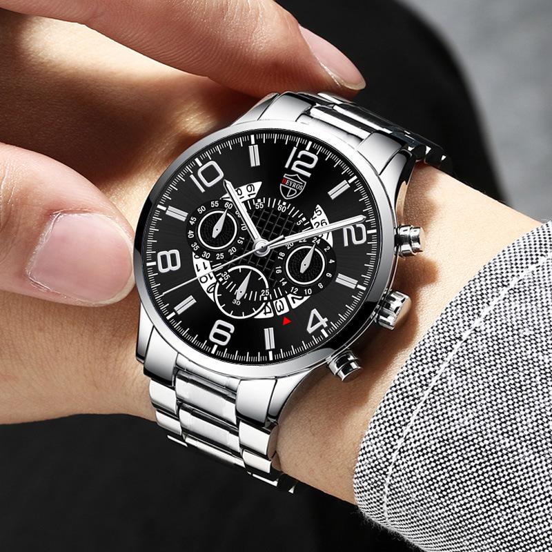 3pcs/set, 1pc Fashion Men's Casual Round Pointer Stainless Steel Quartz Watch & 1pc Bracelet & 1pc Necklace