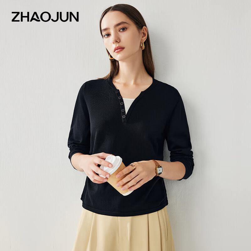 Zhaojun Damen Faux Zweiteiler Seidenstrick Langarm T-Shirt