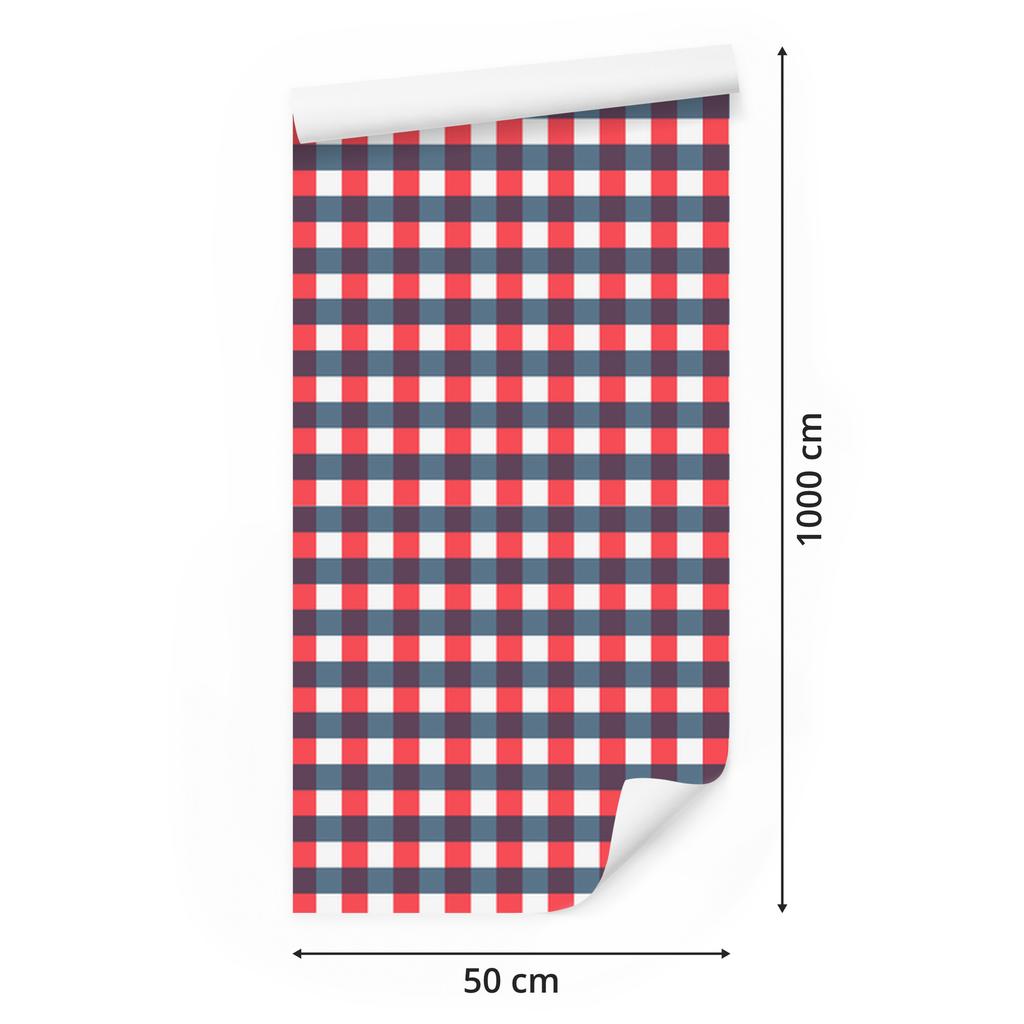 Navy blue, red, white and coral checkered wallpaper for living room and bedroom 50x1000