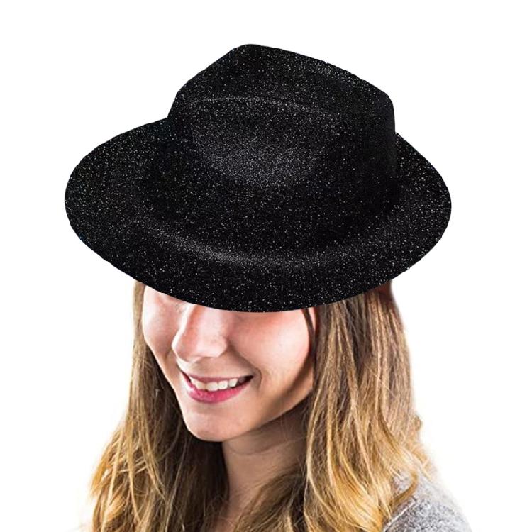 Sparkling Glitter Powder Wide Brim Hiphop Fedora Hat for Stage Party Lovers