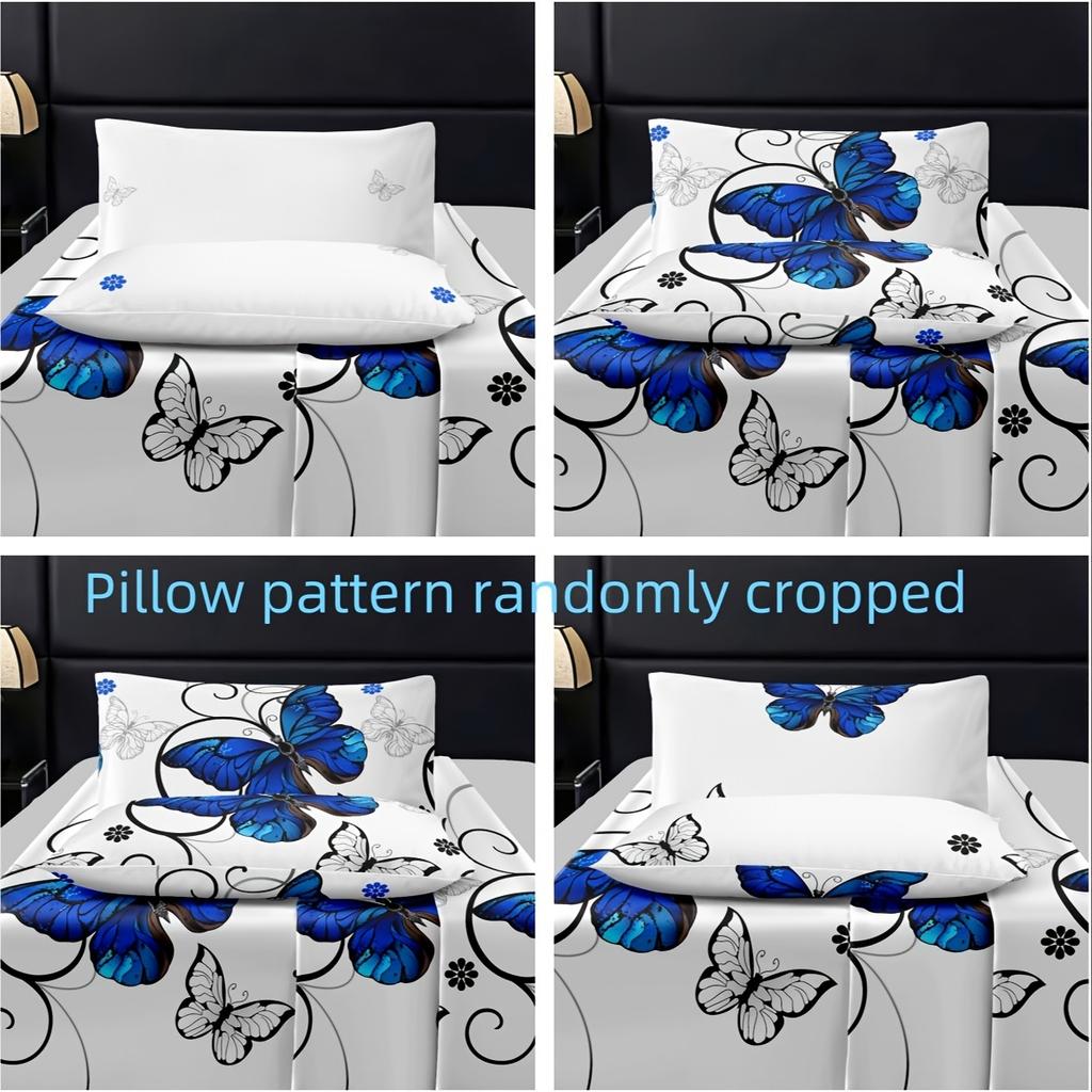 Ensemble de literie papillon bleu et floral Impression 3D Housse de couette Taie d'oreiller Respirant Sans plis Pour décoration de chambre
